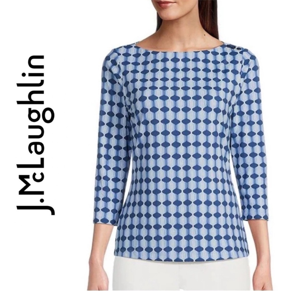 J. McLaughlin Blue Geometric Boatneck Top